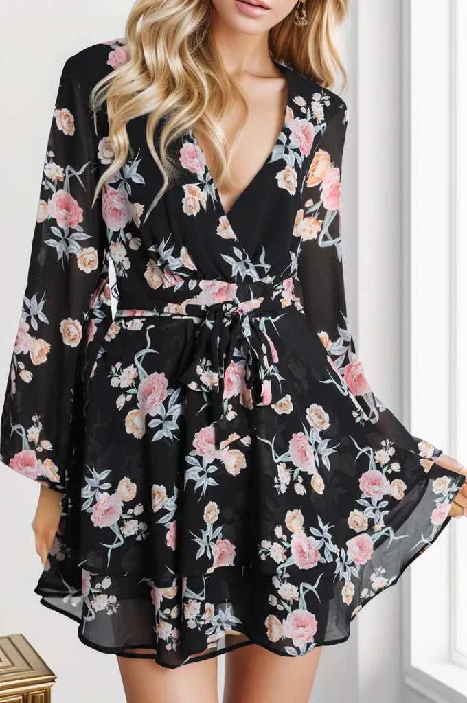 Printed Surplice Balloon Sleeve Mini Dress Black Casual Dresses - Tophatter Daily Deals